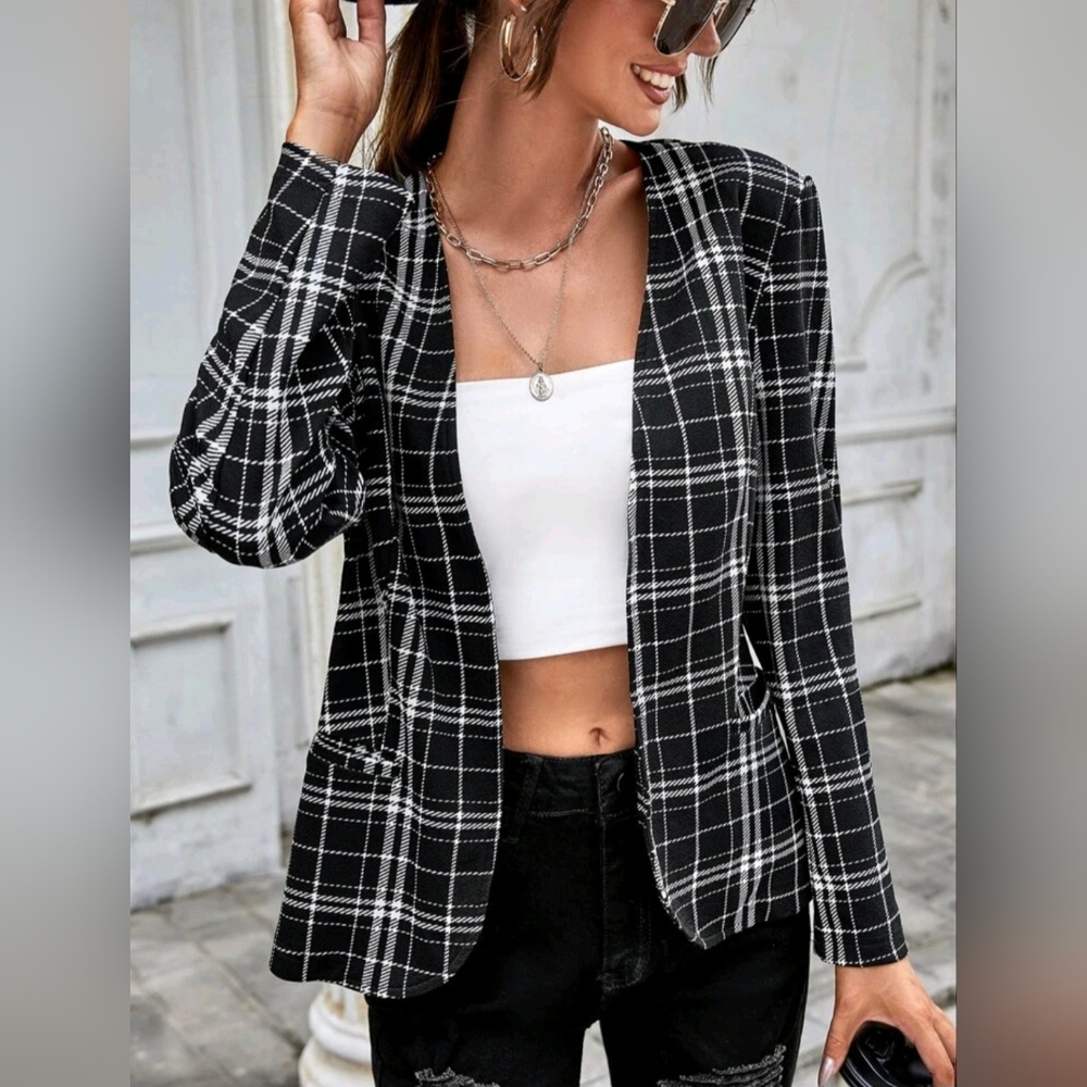 NWOT-Classic Open Front Plaid Blazer